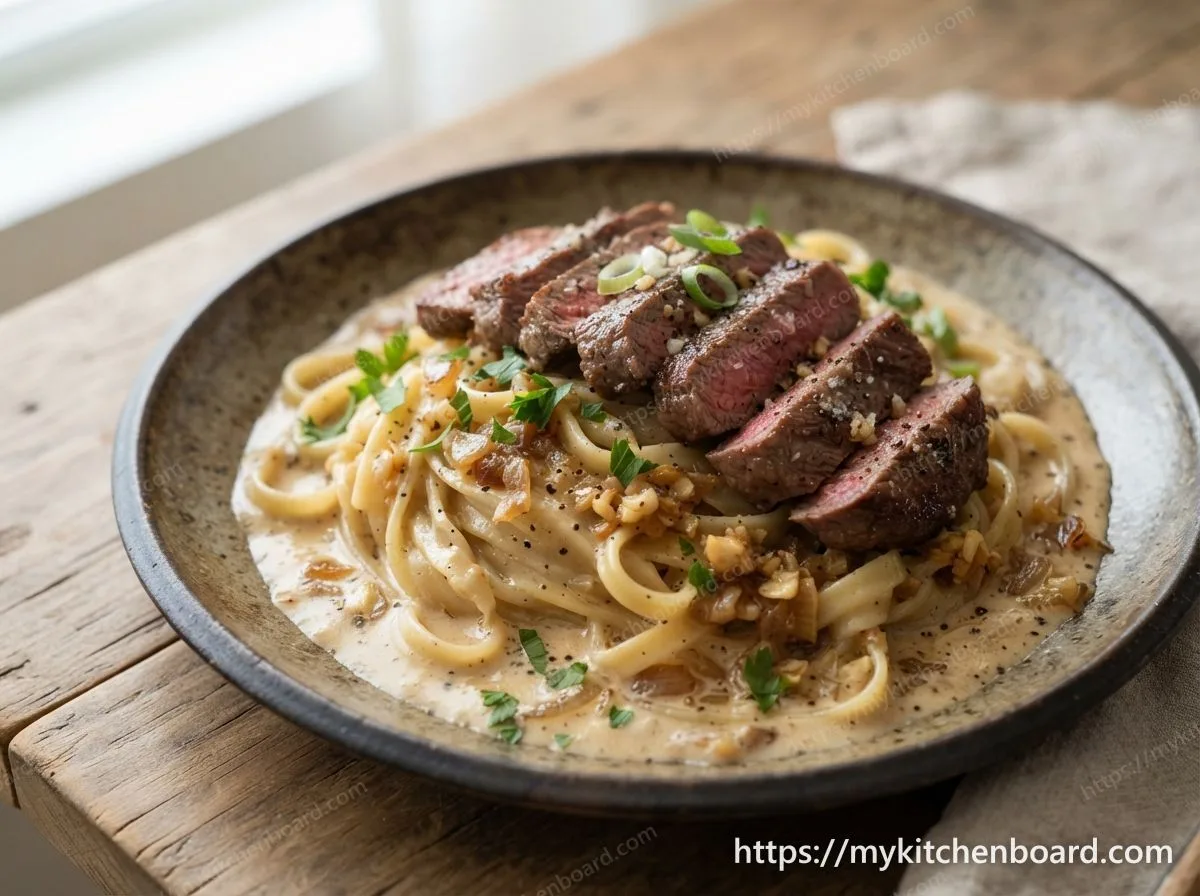 Pasta con crema de salsa de soja, ajo y filete de ternera