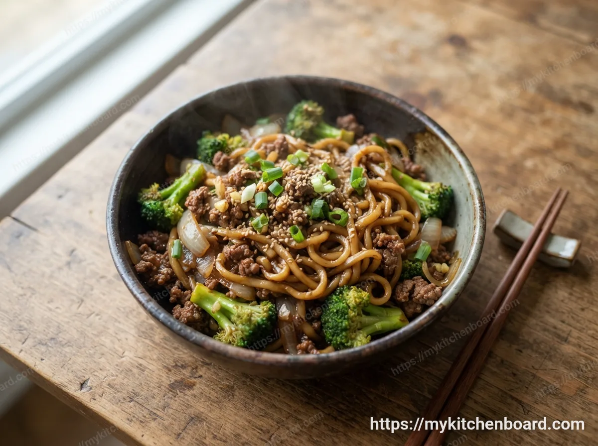 Fideos con ternera mongola y brócoli en una sartén