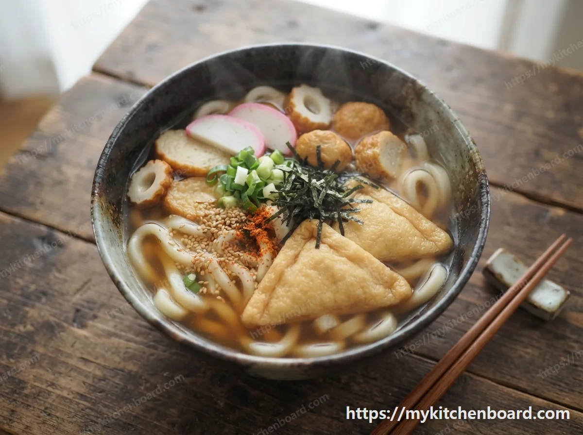 Tsuyu-Udon mit Fischkuchen und frittiertem Tofu